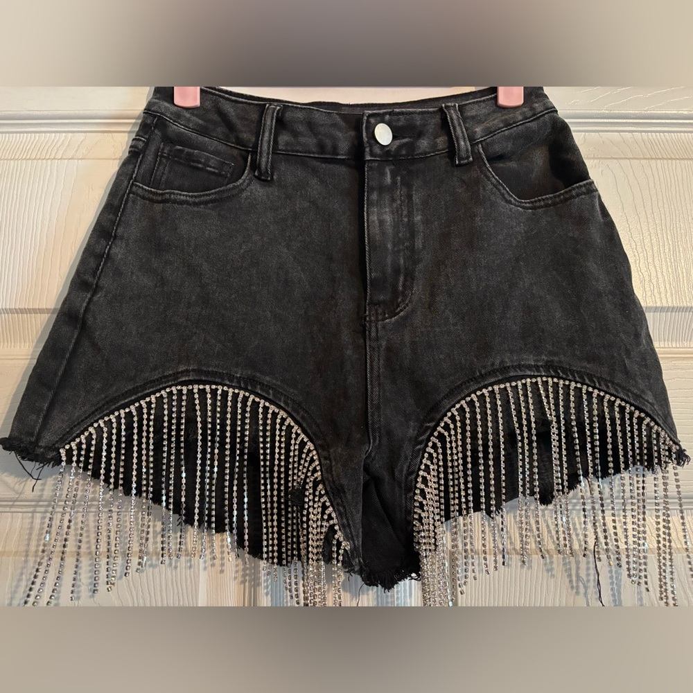 Black Denim Shorts with Fringe Detail